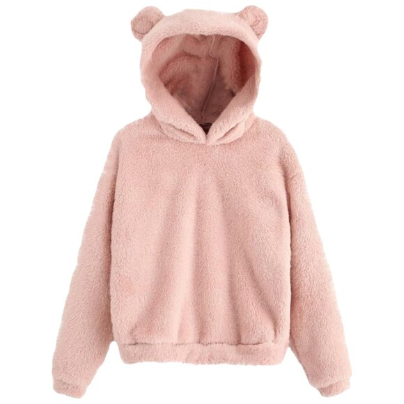 Shein Pink Fuzzy Bear Ear Hoodie – Size Large - Picture 2 of 16